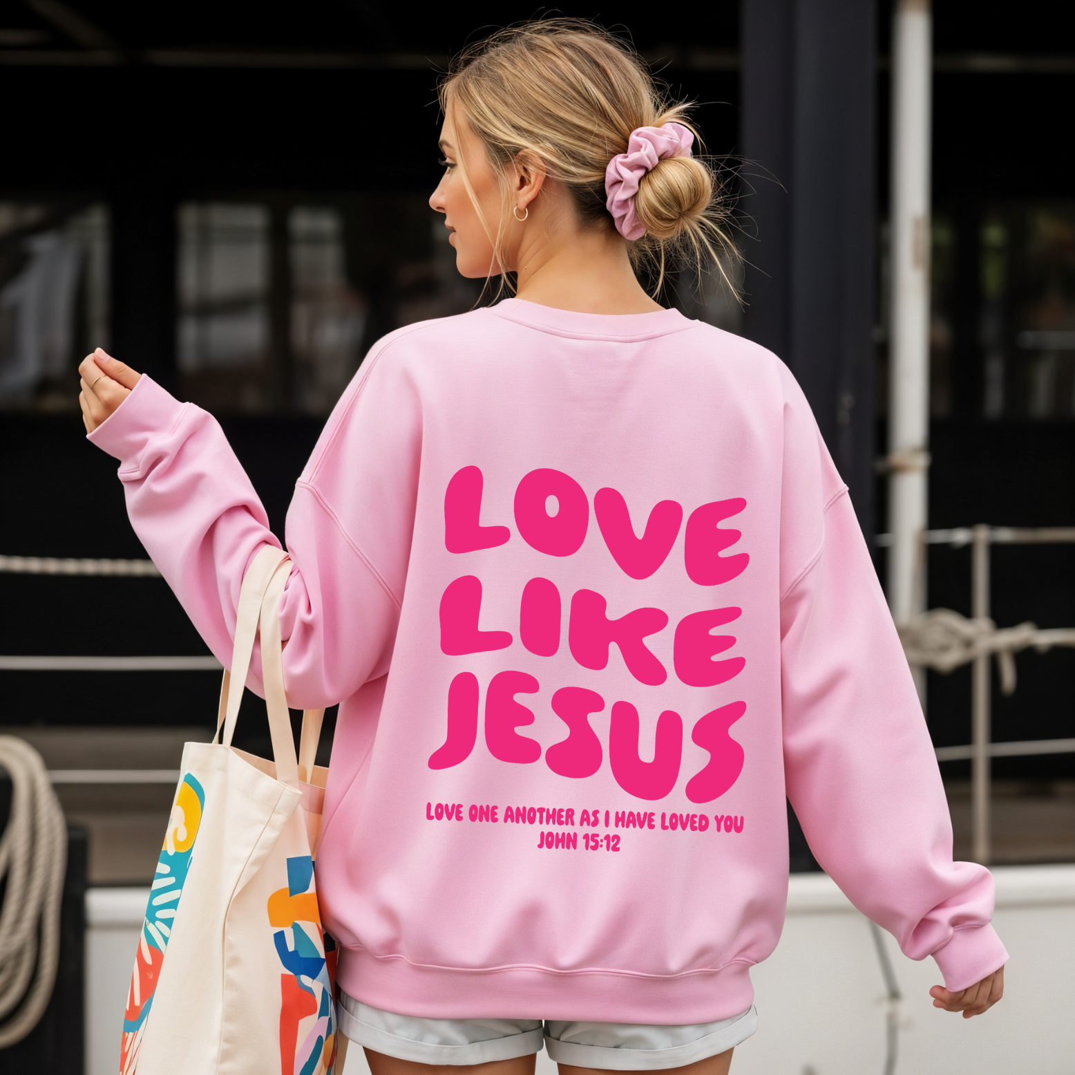 love like jesus pink sweater australian christian clothing bible verse jumper