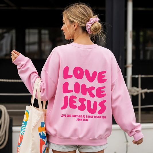 love like jesus pink sweater australian christian clothing bible verse jumper