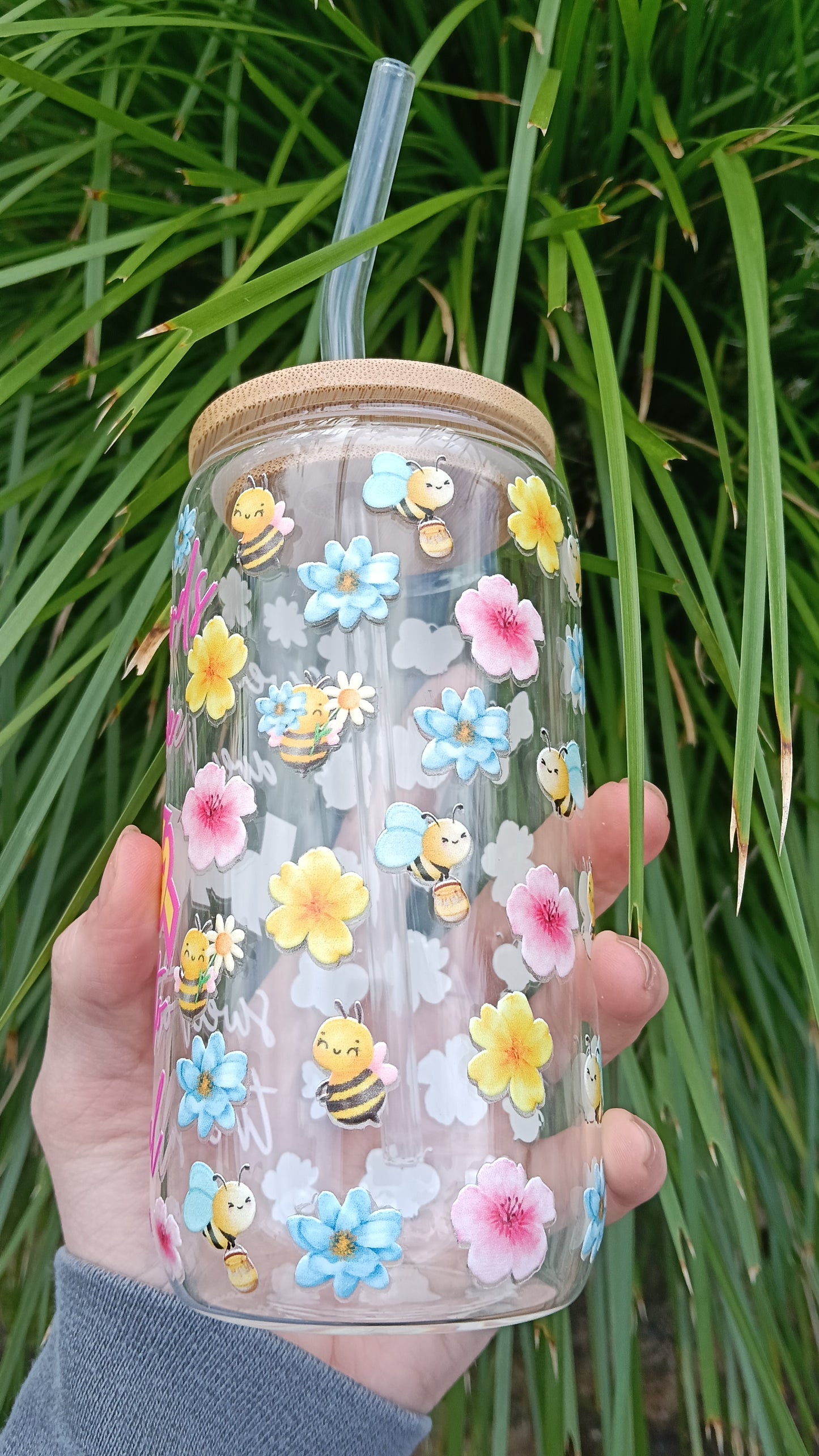 Pink- Sweet Words Sweet Honey Glass Tumbler with Straw