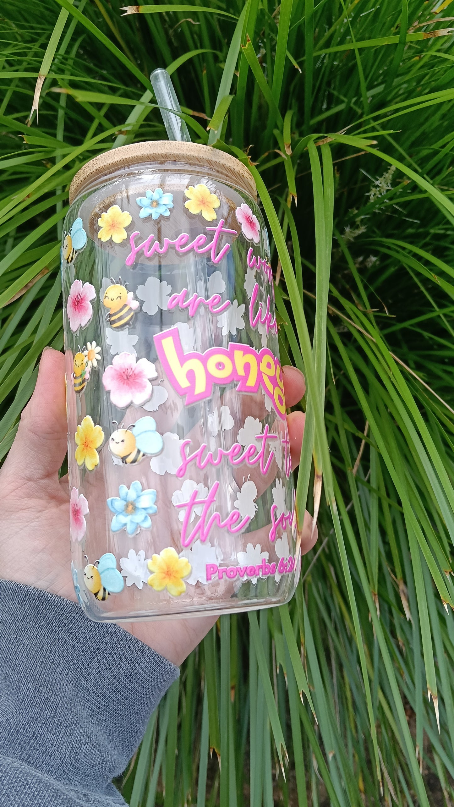 Pink- Sweet Words Sweet Honey Glass Tumbler with Straw