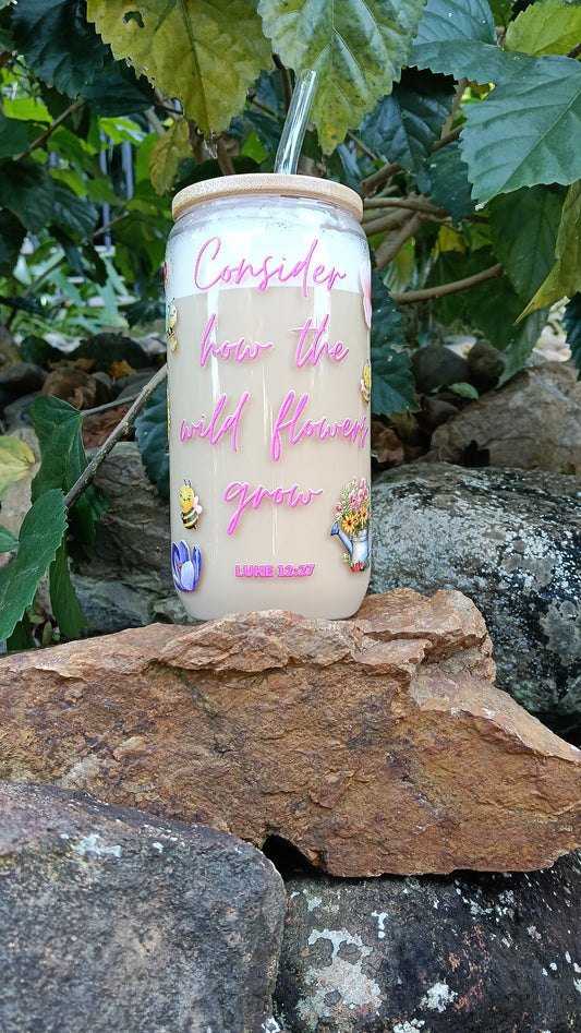 Wild Flowers Glass Tumbler with Straw