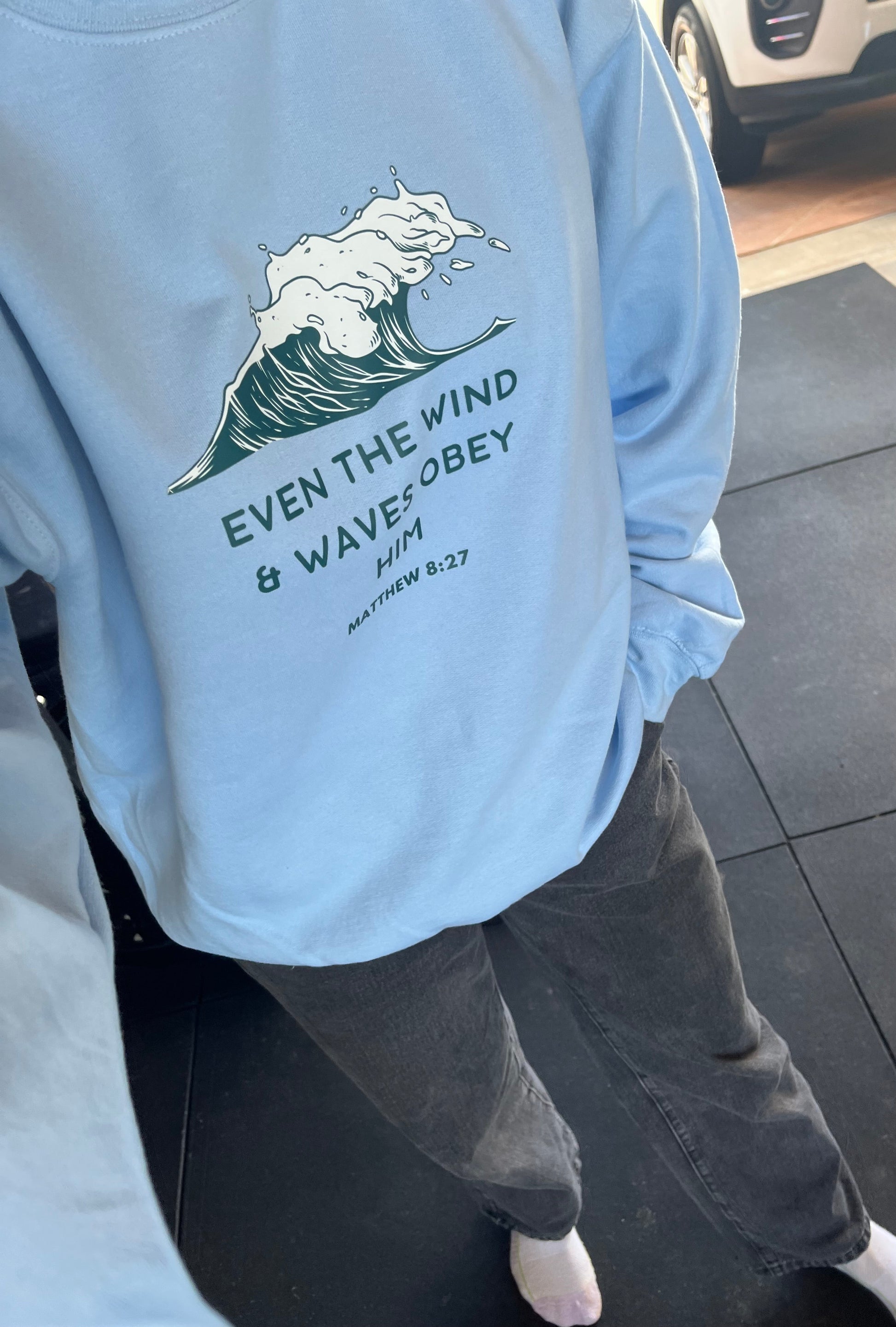 wind and waves bible verse jumper blue australian christian clothing