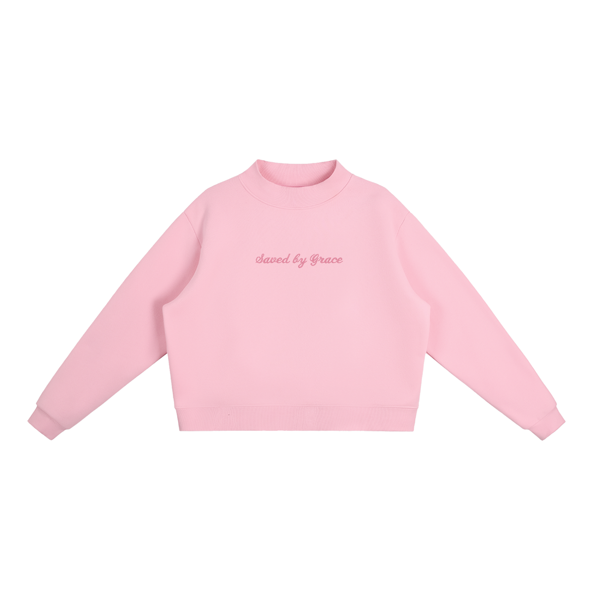 Saved by Grace embroidered Mock-Neck Crew sweater