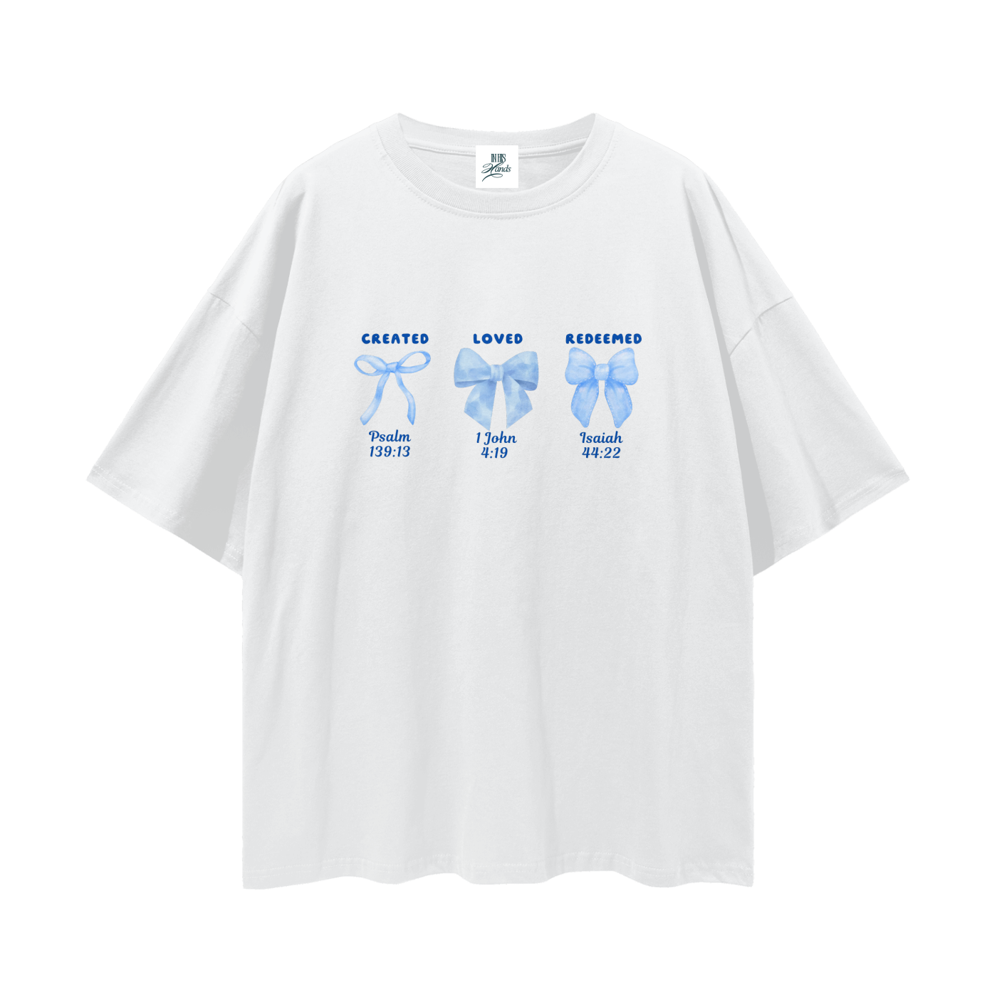 blue shirt_oversized_Oversize_Hoodie_Faith-Based_Streetwear_In_His_Hands_Clothing_Co_australian_christian_clothing_bible_verse_bible_verse created loved redeemed bows