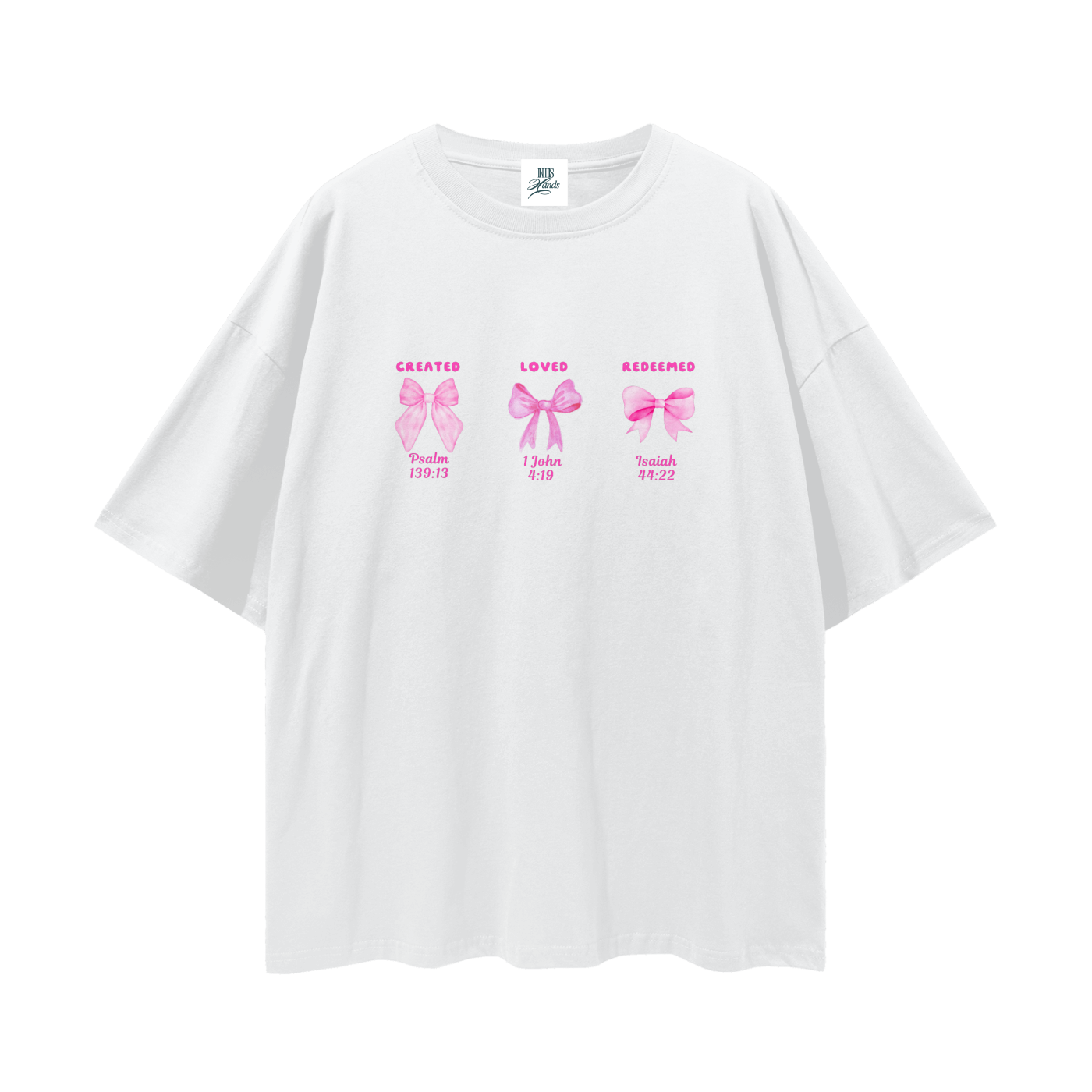 blue shirt_oversized_Oversize_Hoodie_Faith-Based_Streetwear_In_His_Hands_Clothing_Co_australian_christian_clothing_bible_verse_bible_verse created loved redeemed bows pink