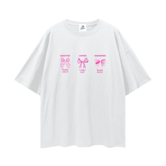 blue shirt_oversized_Oversize_Hoodie_Faith-Based_Streetwear_In_His_Hands_Clothing_Co_australian_christian_clothing_bible_verse_bible_verse created loved redeemed bows pink