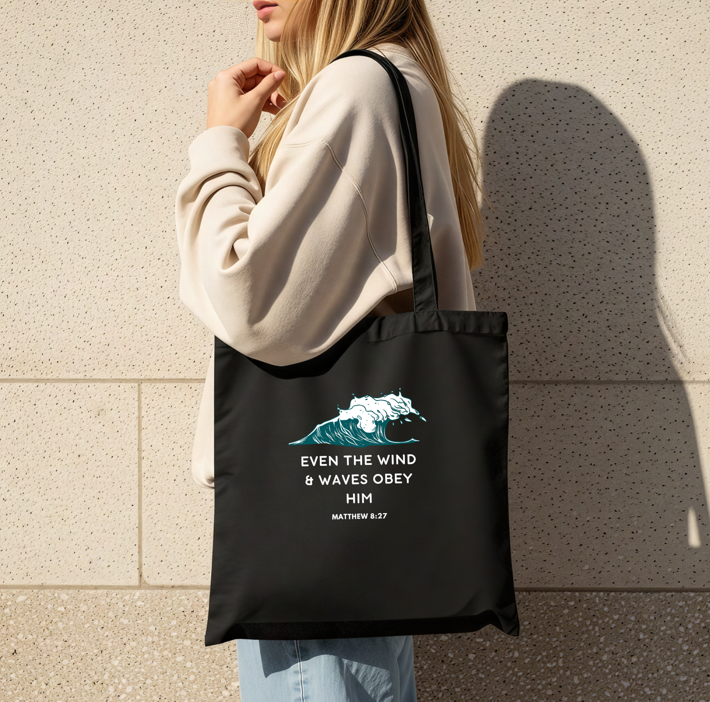 even the wind and waves bible verse tote bag australian christian clothing