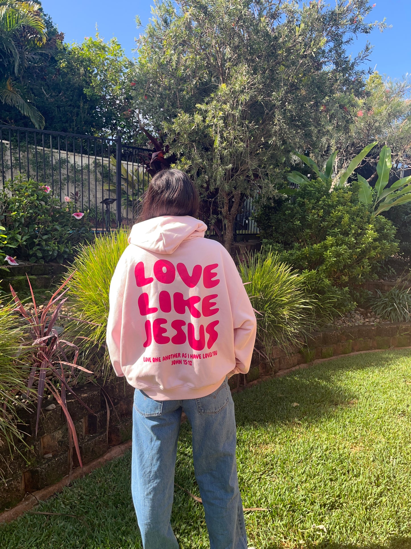 love like jesus pink hoodie boxy oversized Oversize Hoodie Faith-Based Streetwear | In His Hands Clothing Co australian christian clothing bible verse phillipians 