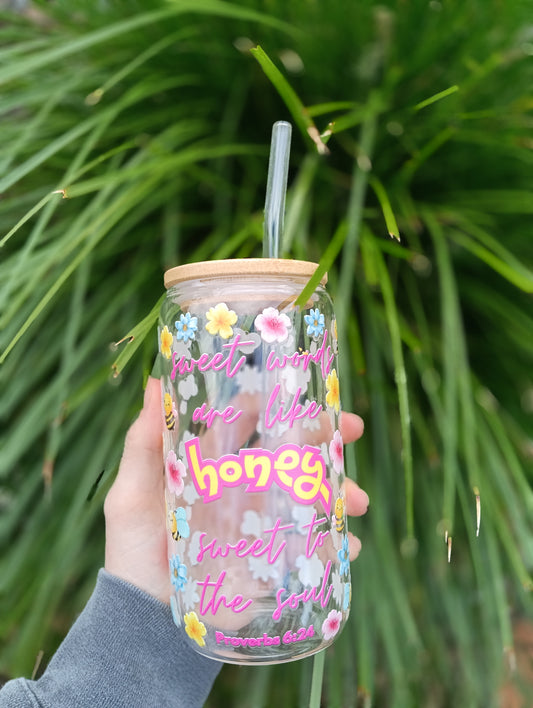 Pink- Sweet Words Sweet Honey Glass Tumbler with Straw